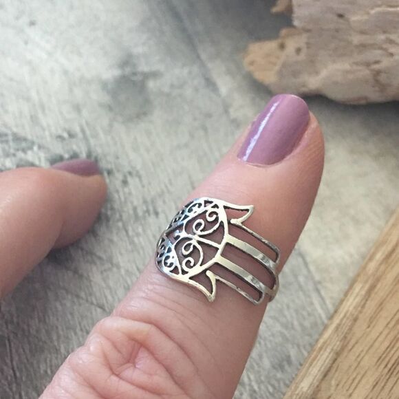 Hamsa Sterling Silver Filigree Ring 7 - Picture 3 of 3